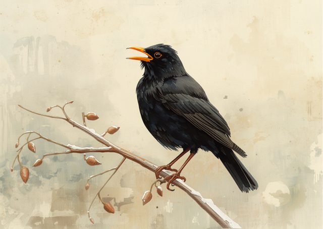 Painterly illustration of a Eurasian blackbird singing on a branch