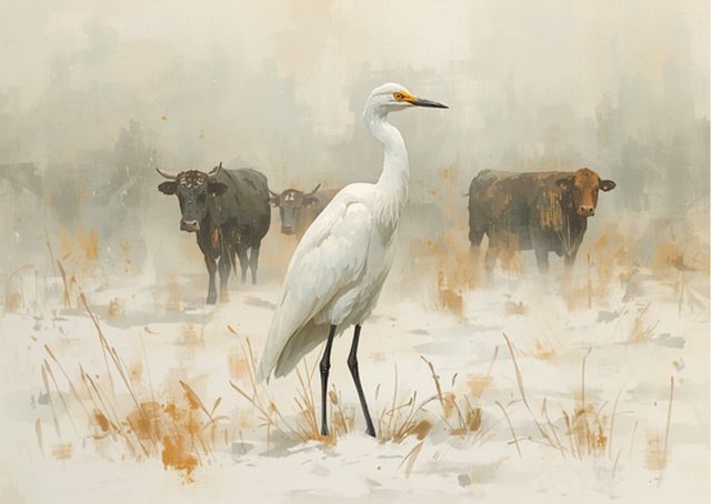 Painterly illustration of a cattle egret in a snowy pasture