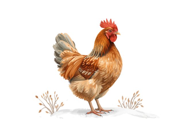 Painterly illustration of a French hen standing in snow