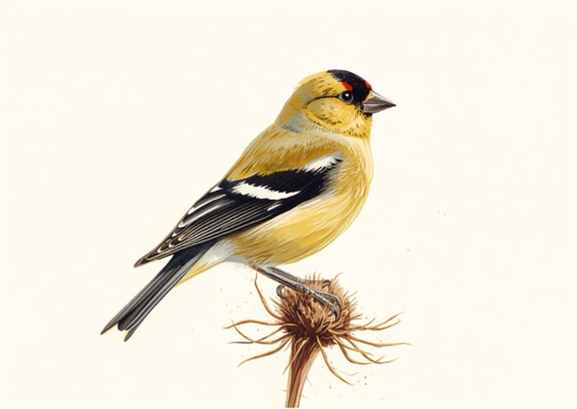Painterly illustration of an American goldfinch on a thistle