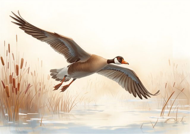 Painterly illustration of a greylag goose in flight over a marsh