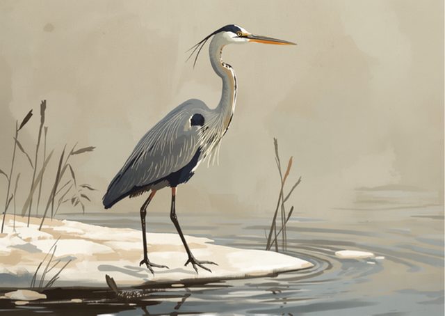 Painterly illustration of a grey heron at a pond's edge
