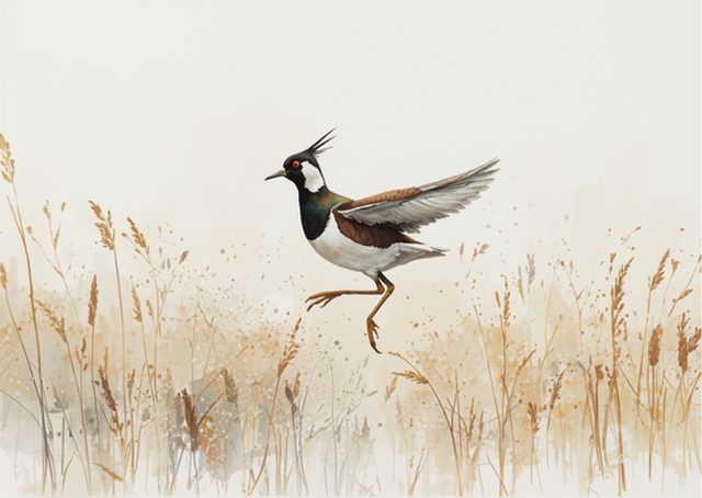 Painterly illustration of a northern lapwing mid-display leap