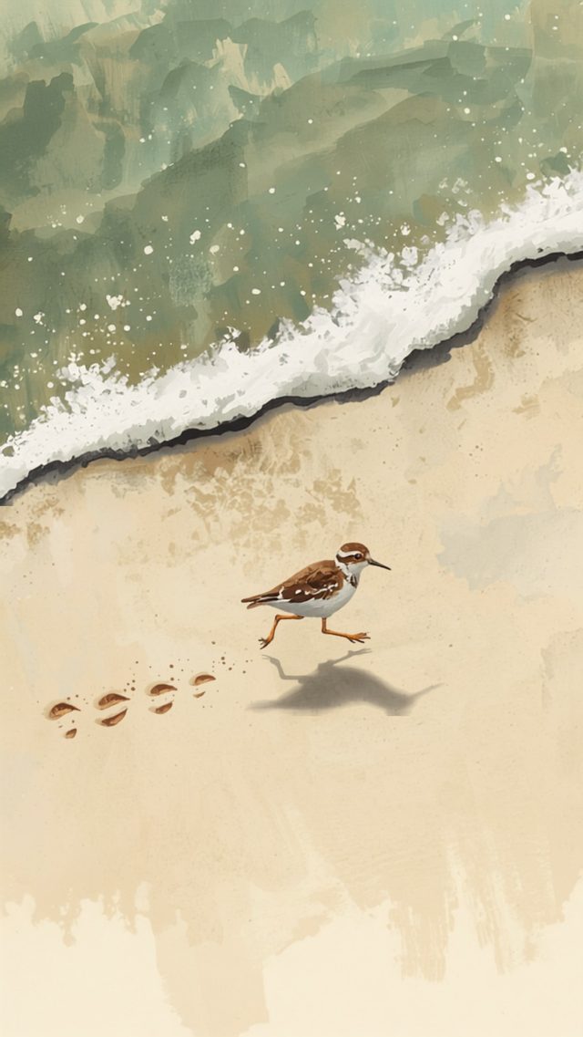 Painterly illustration of a sandpiper running along a shoreline