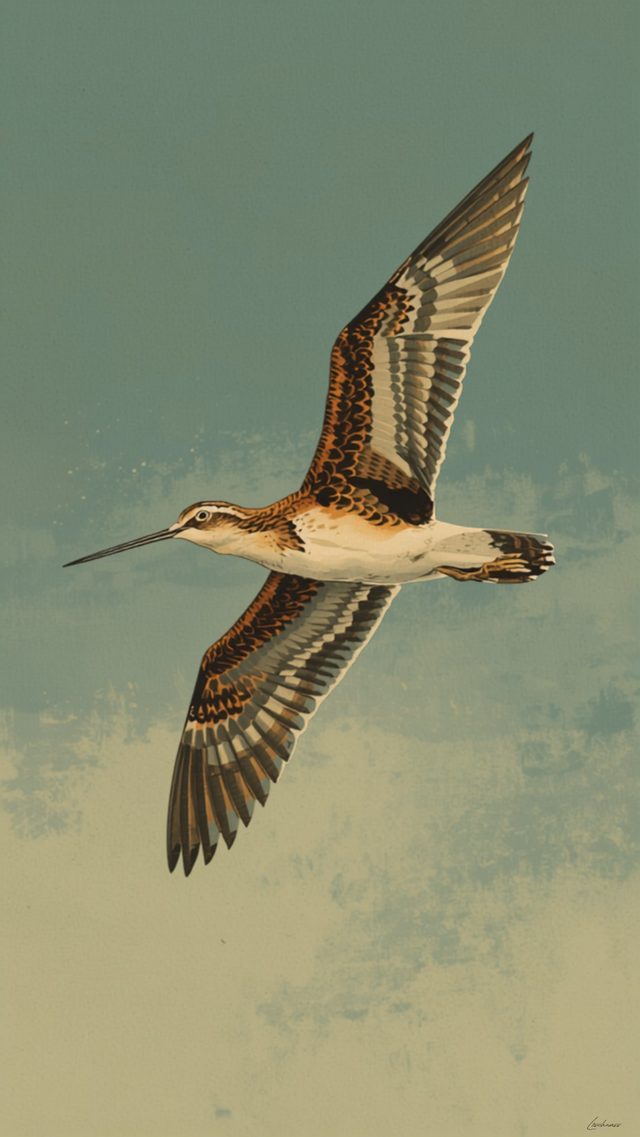 Painterly illustration of a common snipe in flight at dusk