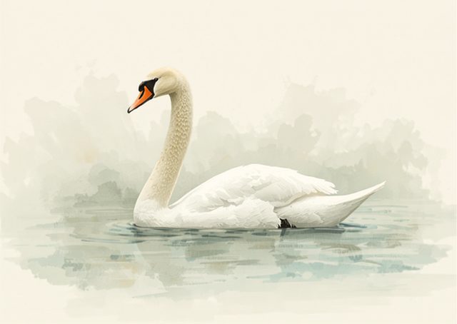 Painterly illustration of a mute swan gliding on water