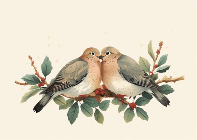 Painterly illustration of two turtle doves on a holly branch